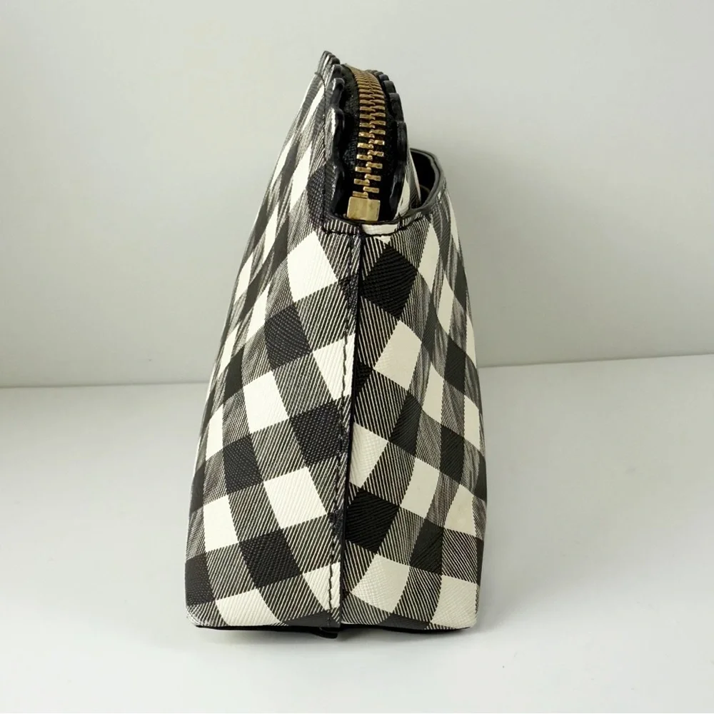 Talbots Cosmetic Makeup Bag Womens Black Cream Gingham Scallop Zipper Travel